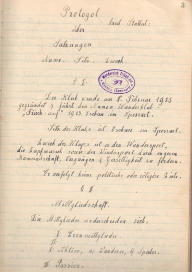 Auszug aus dem ersten Protokollbuch zur Gründung des Vereins